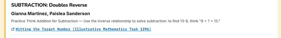Brief section: Subtraction — Doubles Reverse group for Gianna Martinez and Paislea Sanderson, with the Think Addition for Subtraction strategy and a linked Illustrative Mathematics task, "Hitting the Target Number."